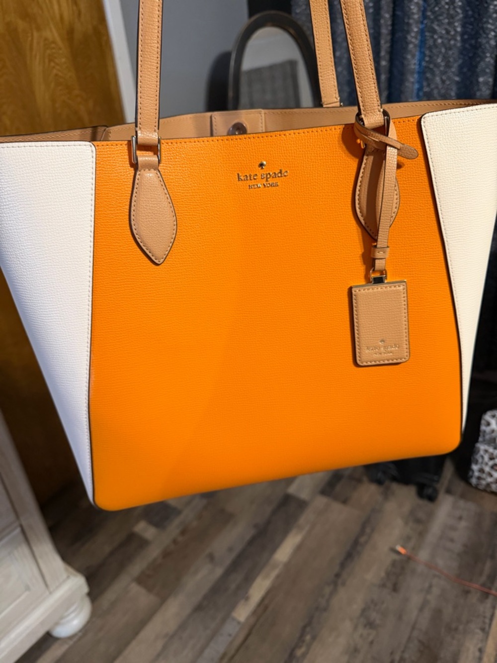 kate spade Orange, White & Tan Leather Tote